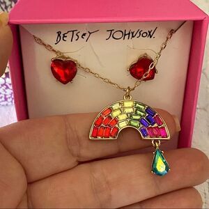 Betsy Johnson Rainbow Necklace Red Heart Earrings Set
